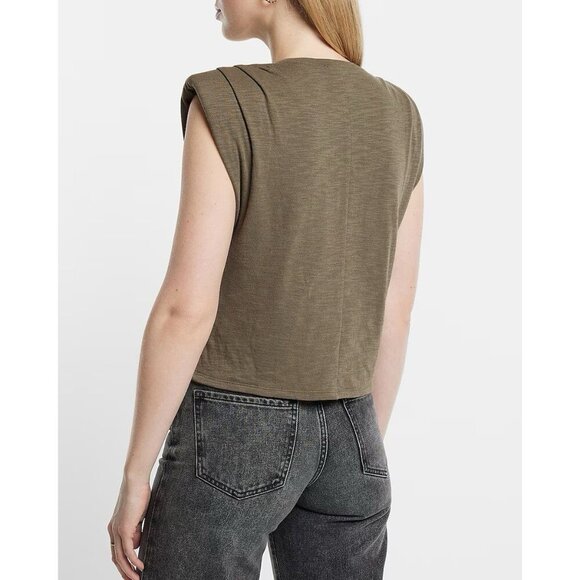 Express Womens Scoop Neck Padded Shoulder Sleeveless Tee Olive Green Size XS NWT - Picture 5 of 16